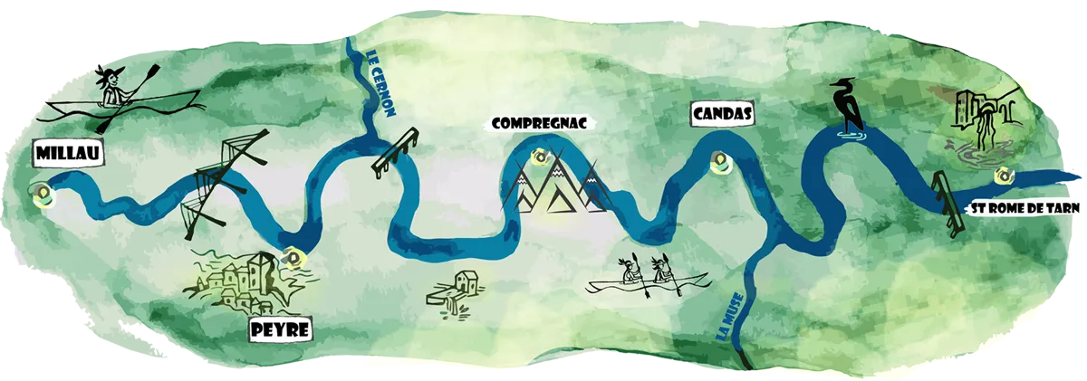 Carte aquarelle du Tarn, de Millau à St Rome de Tarn, avec Peyre, Comprégnac et Candas